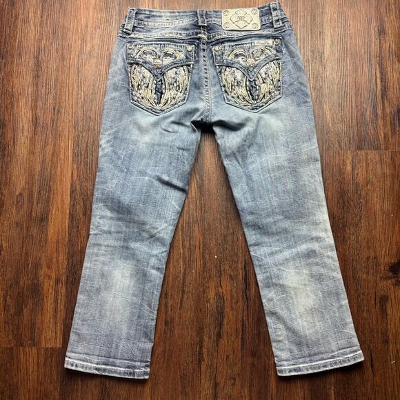 Miss Me Mid Rise Easy Crop Jeans Distressed Light Wash Angel Wings Size 26 - Picture 2 of 12
